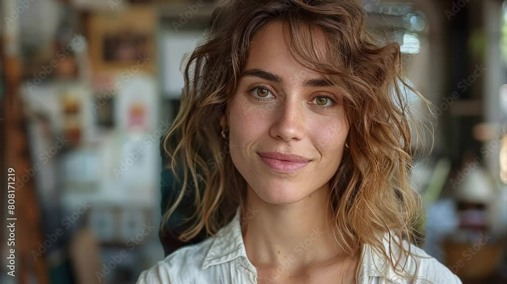 Intimate portrait of a young creative professional in a relaxed office setting, projecting a serene demeanor. Intimate portrait of a young creative professional in a relaxed office setting, projecting a serene demeanor.