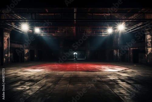 Deserted professional boxing ring in an arena, void of any activity or spectators © sorin