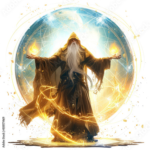 Shield of Ethereal Light: A wizard who erects a magical barrier of light around himself, protecting him from unseen forces.