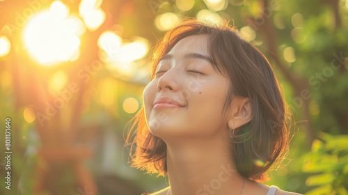  A tight shot of a woman with closed eyes and a tree in the foreground, the sun casting light behind