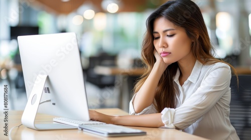 A woman seated at a desk, chin supported by hand, gazes at a laptop Free Download A woman seated at a desk, chin supported by hand, gazes at a laptop - GFXLoad