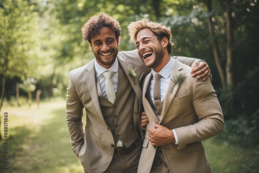 Elegant gay couple embracing in stylish wedding attire, celebrating lgbtq love and relationship Elegant gay couple embracing in stylish wedding attire, celebrating lgbtq love and relationship
