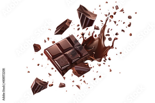 A mid-air burst of luxurious dark chocolate,on a white background. photo