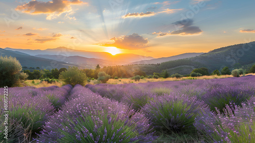 Stunning landscape with lavender field at sunset  generative ai