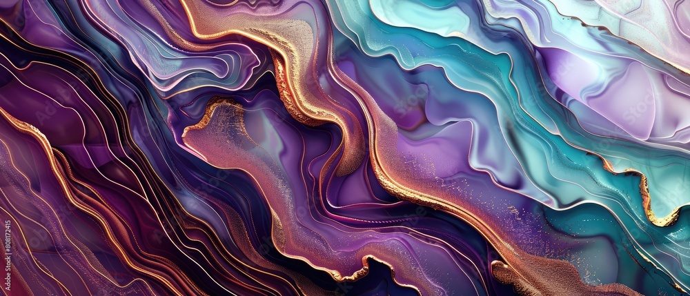 Obraz premium A vibrant illustration showcases a full frame shot of abstract background with wavy lines in a stunning combination of lavender, bronze, and turquoise.