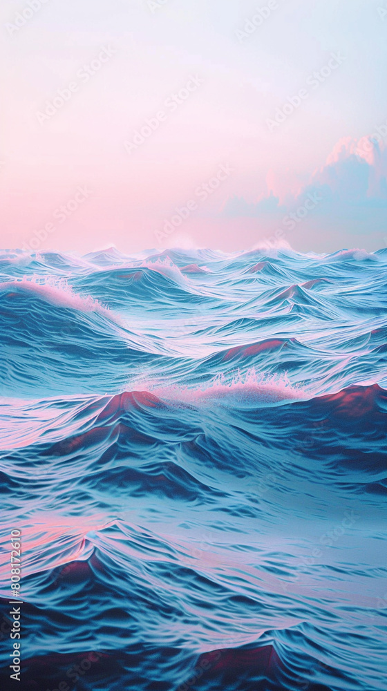 A serene ascent of azure and pastel pink waves, rising gently, mimicking the soft hues of a peaceful sunrise over the ocean.