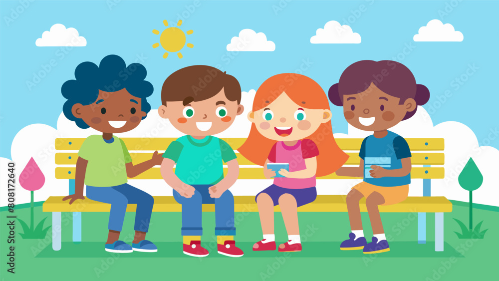 A buddy bench where children can sit and socialize promoting inclusivity and friendship a all children on the playground.. Vector illustration