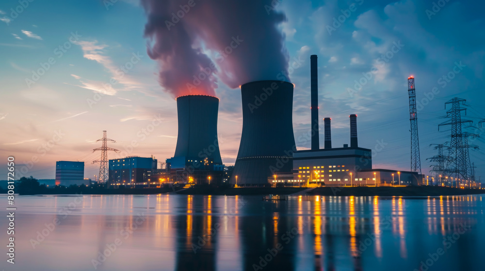 A large power plant with clouds of smoke coming from the plant's chimneys. Industrial plant. Ecology concept. A large power plant with clouds of smoke coming from the plant's chimneys. Industrial plant. Ecology concept.