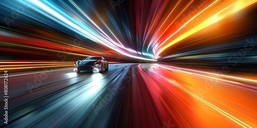 Neonlit Tunnel with Motion Blur: D Rendering of a Car. Concept Neon Lighting, Motion Blur, 3D Rendering, Car, Tunnel