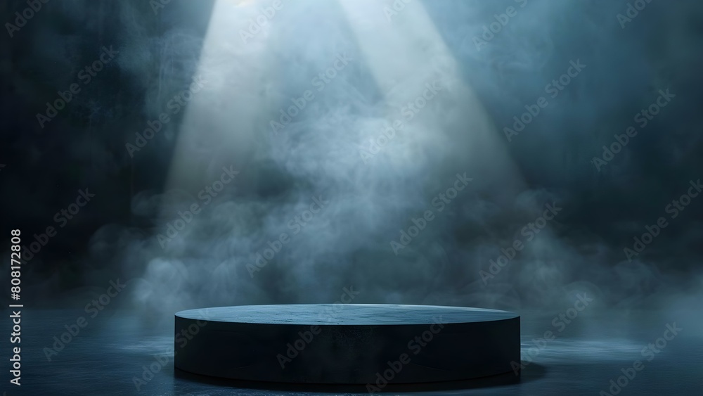 Eerie podium against smoky backdrop with spotlight evoking a dramatic and vacant ambiance. Concept Eerie Photoshoot, Dramatic Lighting, Vacant Ambiance, Smoky Backdrop, Unique Portrait