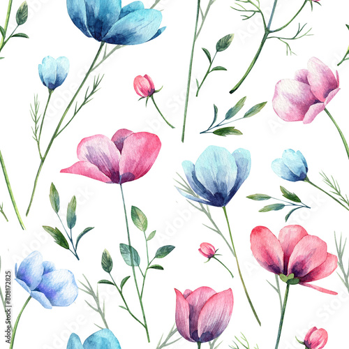 Square seamless pattern with watercolor blooming flowers and green leaves. Hand painted botany dog rose, blue flowers. Wallpapers and vintage background design (ID: 808172825)