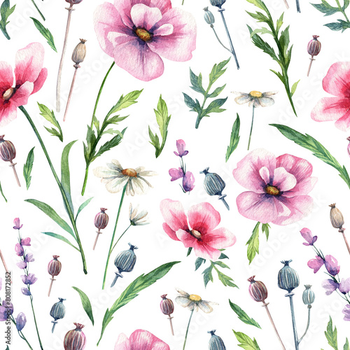 Square seamless pattern with watercolor blooming flowers and green leaves. Hand painted botany dog rose, chamomile, lavender. Wallpapers and vintage background design (ID: 808172852)