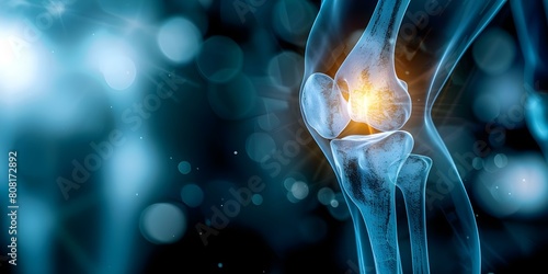 Highlighted patella bone causing intense knee pain and inability to fully straighten leg. Concept Orthopedic consultation, Patellar dislocation, Knee injury, Joint instability, Physical therapy photo