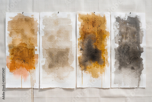A series of oxidizing agents for creating textured effects in watercolor paintings, displayed on a white canvas. photo