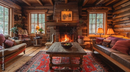 rustic home decor  cozy country home with rustic wooden furniture and a welcoming fireplace  sets the perfect mood for a relaxing evening indoors