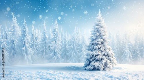 Wallpaper Mural   A snowy landscape with a fir tree in the foreground and snowflakes falling on trees in the background Torontodigital.ca