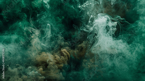 Dense, swirling smoke in shades of deep forest green and earthy browns, creating an abstract representation of a woodland mist.