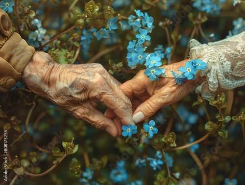 Futurism art depicting an elderly couple holding hands in a garden  each wearing a forget-me-not flower bracelet  symbolizing enduring love and cherished memories.