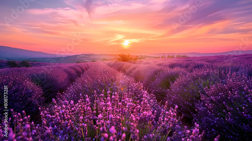 Stunning landscape with lavender field at sunset, generative ai