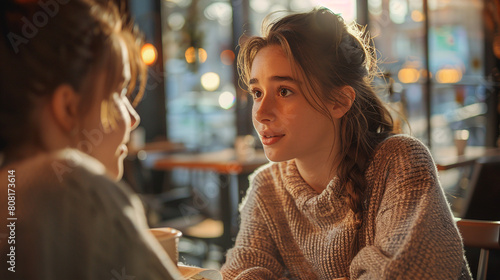 A mother and teenage daughter talking seriously at a cafe table, the mother offering advice with a gentle smile.
