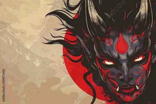 menacing anime female oni demon character face japanese folklore villain photo