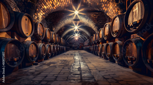 Wine barrels in the old cellar of the winery in Italy.
