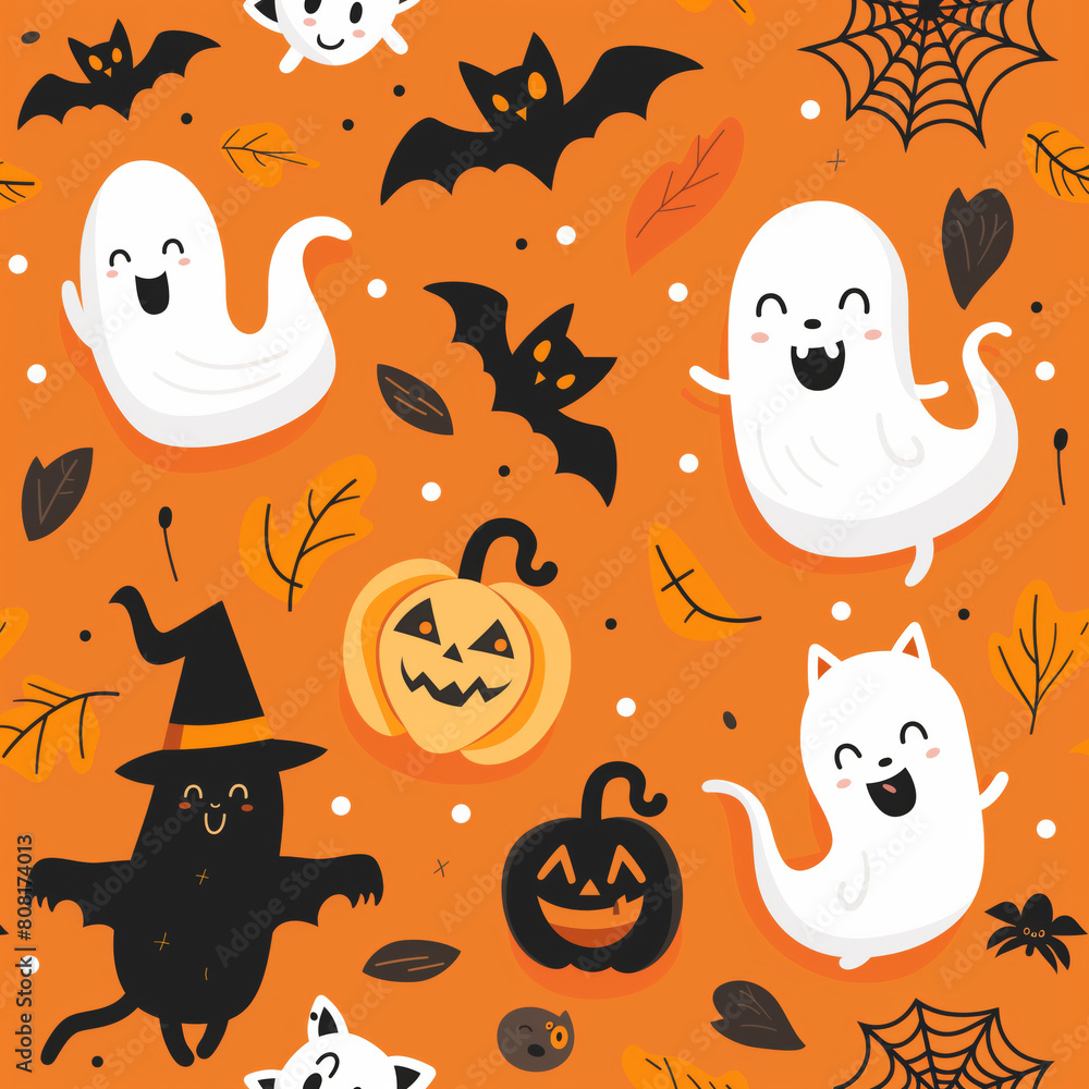 Cute halloween vector patterns such as ghosts, cats, bats, spiders, witch hats, jack-o'-lanterns... in orange background Cute halloween vector patterns such as ghosts, cats, bats, spiders, witch hats, jack-o'-lanterns... in orange background