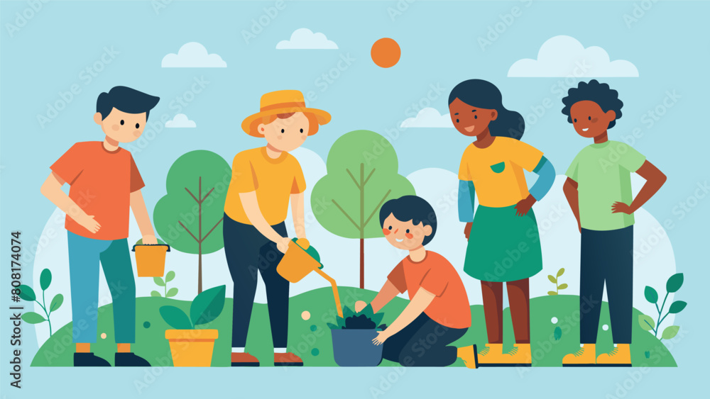 A group of teenagers with autism working together to organize a community garden project showcasing their leadership skills and nurturing their love. Vector illustration A group of teenagers with autism working together to organize a community garden project showcasing their leadership skills and nurturing their love. Vector illustration