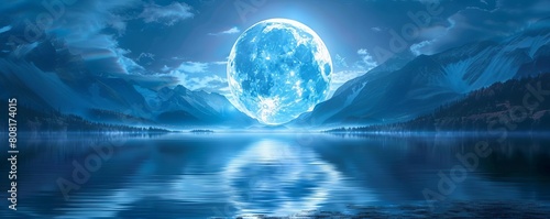 A sky with a giant full moon illuminating a serene lake photo