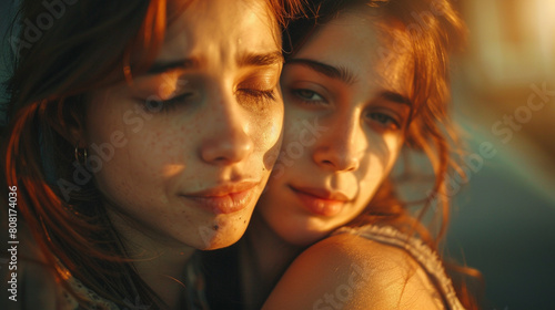 Teenage girl crying softly on her mother's shoulder, sharing a personal problem in a warm, comforting embrace.