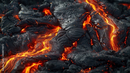 Close-up of molten lava flows depicts the intensity and raw power of nature with vivid fiery glow and textured surface details