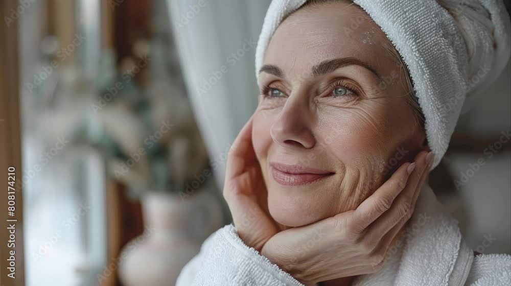 Middle-Aged Woman in White Bathrobe Enjoying Serene Morning Light. Middle-Aged Woman in White Bathrobe Enjoying Serene Morning Light.