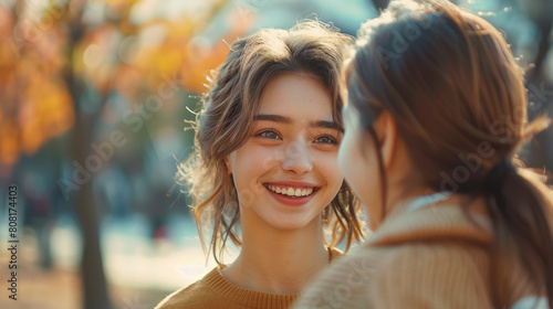 Teenage girl looking relieved after talking with her mother, a weight lifted from her shoulders as they smile at each other.