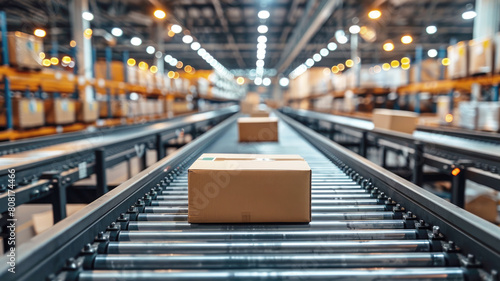 Conveyor system transporting boxes of goods, parcels in a busy warehouse center.