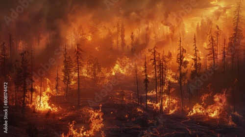 A powerful digital painting captures the fury of a wildfire  engulfing trees amidst high temperatures and dry conditions. It underscores the urgent need to address escalating climate change risks.