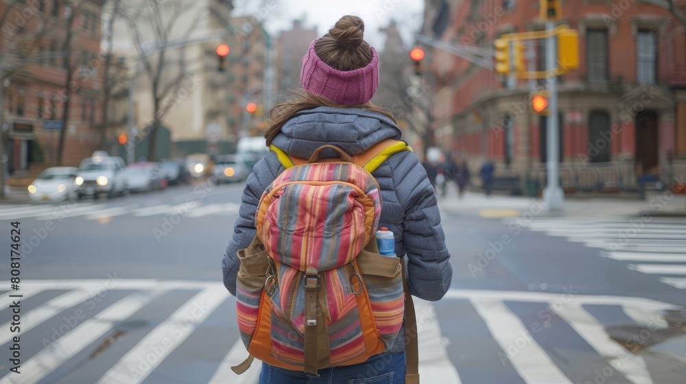 A woman strolls along the street, carrying a backpack and holding a water bottle The traffic light looms behind her A woman strolls along the street, carrying a backpack and holding a water bottle The traffic light looms behind her