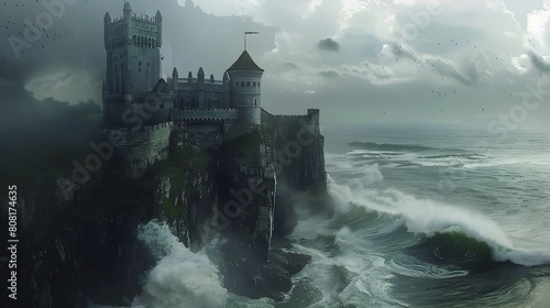 Majestic Castle Perched Atop Treacherous Cliffside Overlooking Turbulent Seascape in Moody Atmospheric Conditions