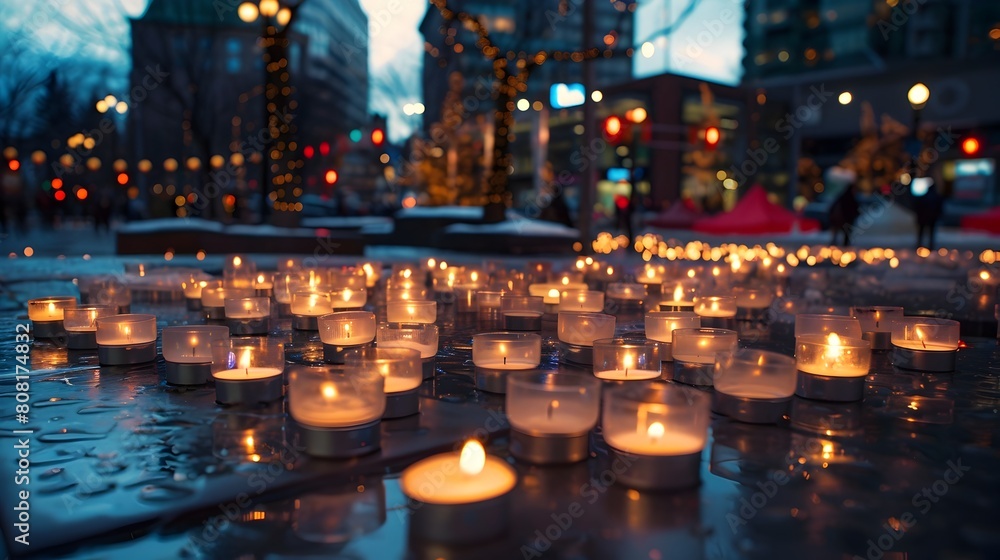 Candlelit Vigil Illuminating a City Square at Nightfall