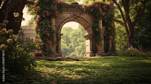 Roman triumphal arch in picturesque park photo