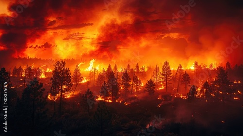 A powerful digital painting captures the fury of a wildfire, engulfing trees amidst high temperatures and dry conditions. It underscores the urgent need to address escalating climate change risks.