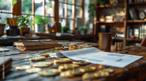 Close-up of a wooden table with stacks of coins and documents. Investments, real estate documents, shares. Income growth. Business concept.