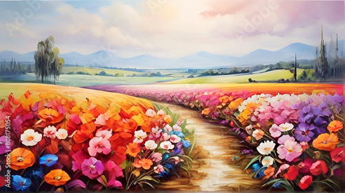 Vivid Flowers Fields beautiful pattern in oil painting illustration