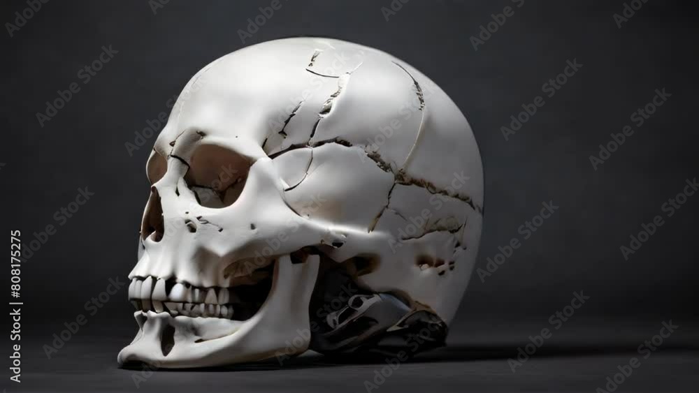 Cracked human skull on a dark gray background. Concept of Halloween, Day of the Dead, Día de los Muertos, mortality, forensic science, archaeological studies. Motion Cracked human skull on a dark gray background. Concept of Halloween, Day of the Dead, Día de los Muertos, mortality, forensic science, archaeological studies. Motion