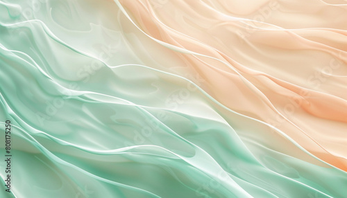 A tranquil and soothing composition of seafoam green and soft peach waves, blending in a calm and peaceful manner that evokes the serenity of a quiet lagoon.