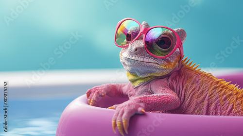 A cute chameleon in sunglasses swims in the pool on an inflatable circle. The concept of summer, vacations and vacations