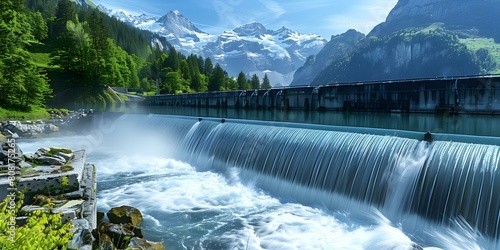 Harnessing Sustainable Power  Swiss Mountain Hydroelectric Dam Contributes to Combating Global Warming. Concept Renewable Energy  Hydroelectric Dam  Global Warming Solution  Sustainable Power