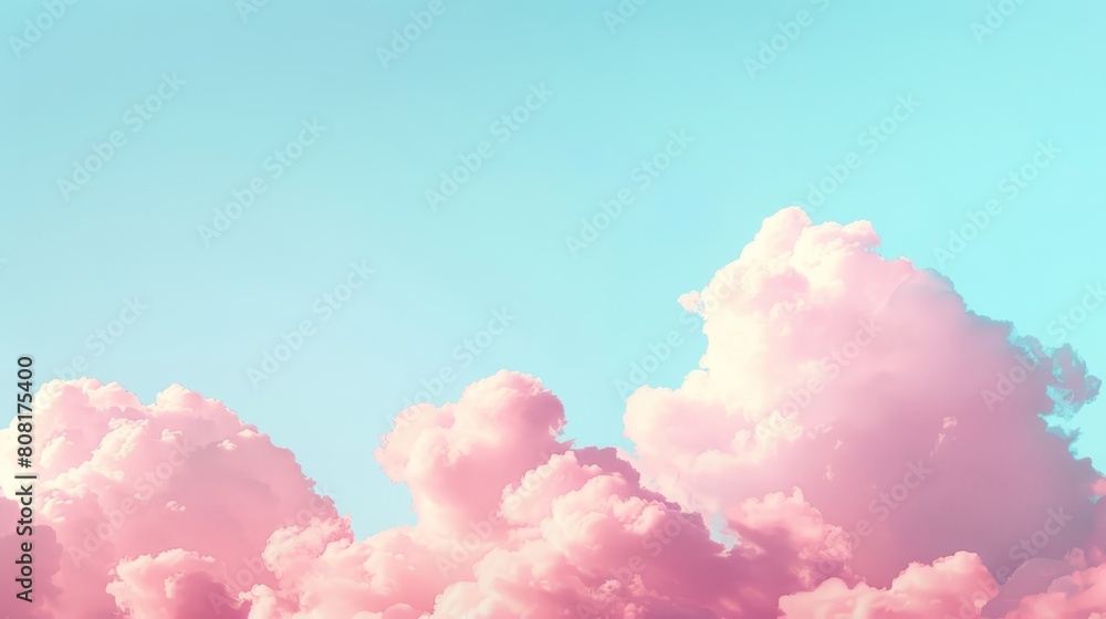 A blue sky dotted with pink clouds, a plane traverses midday A blue sky dotted with pink clouds, a plane traverses midday