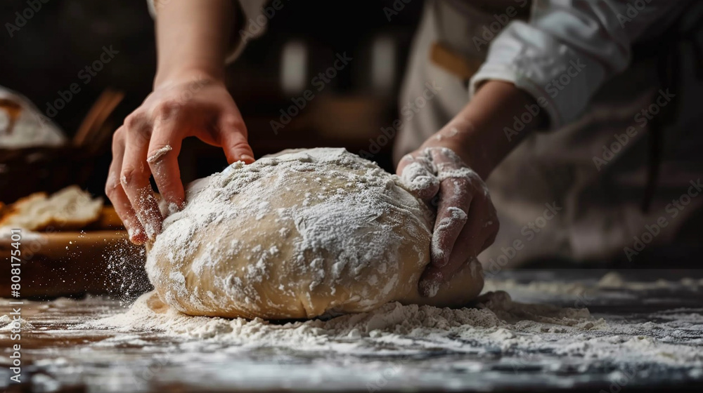 female baker kneading dough with rolling pin on wooden table