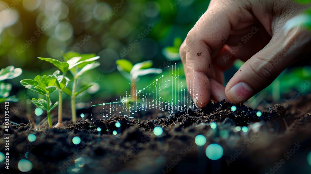 Investment Growth Reflected: Hand Plants Seeds in Fertile Soil. A hand carefully planting seeds in fertile soil, with a stock ticker graph subtly reflected in the water droplets Investment Growth Reflected: Hand Plants Seeds in Fertile Soil. A hand carefully planting seeds in fertile soil, with a stock ticker graph subtly reflected in the water droplets