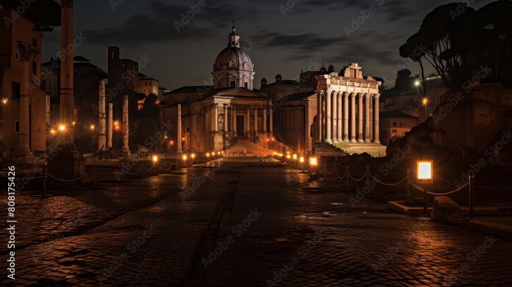 Roman forum at night torches and lanterns casting a warm glow